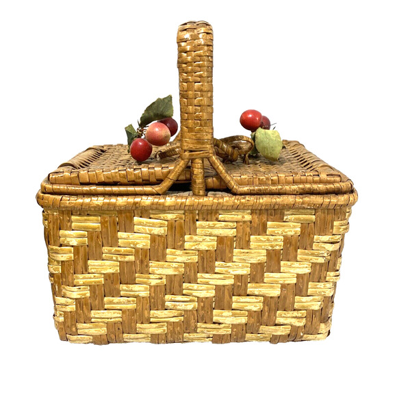 Vintage Woven Market Basket Small Split Lid Top Handle Carrier Wicker & Fruit - Picture 3 of 12